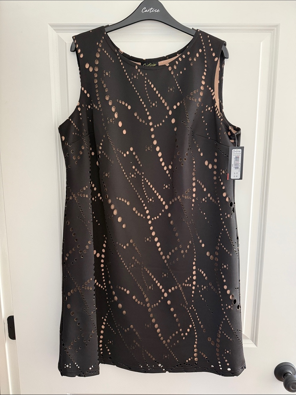 Cache Black Sleeveless Shift Dress with Rose Gold Dot cut out Pattern